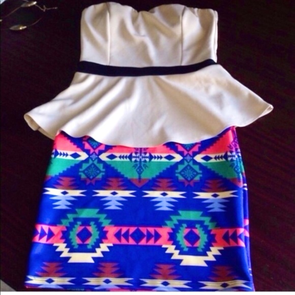 Cefian USA Dresses & Skirts - Tan/Aztec Strapless Peplum Dress